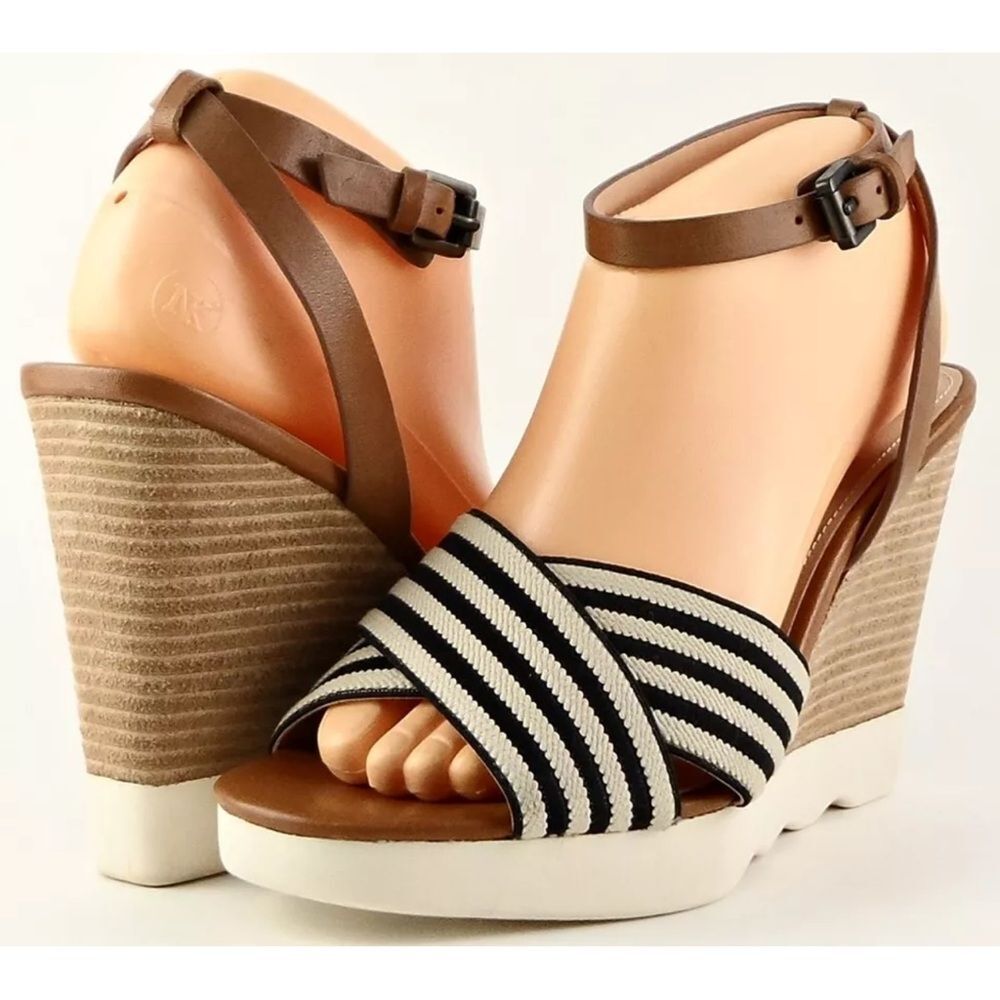 $165 FRENCH CONNECTION JANE Natural Black Designer Wedge Sandals US 8 EUR 38.5